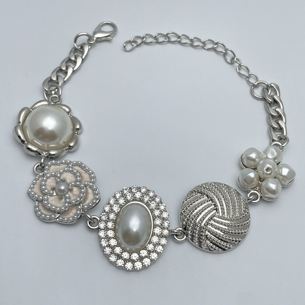 Silver Tone Enamel Rhinestone Faux Pearl Flower Charm Chain Bracelet Boho Cute